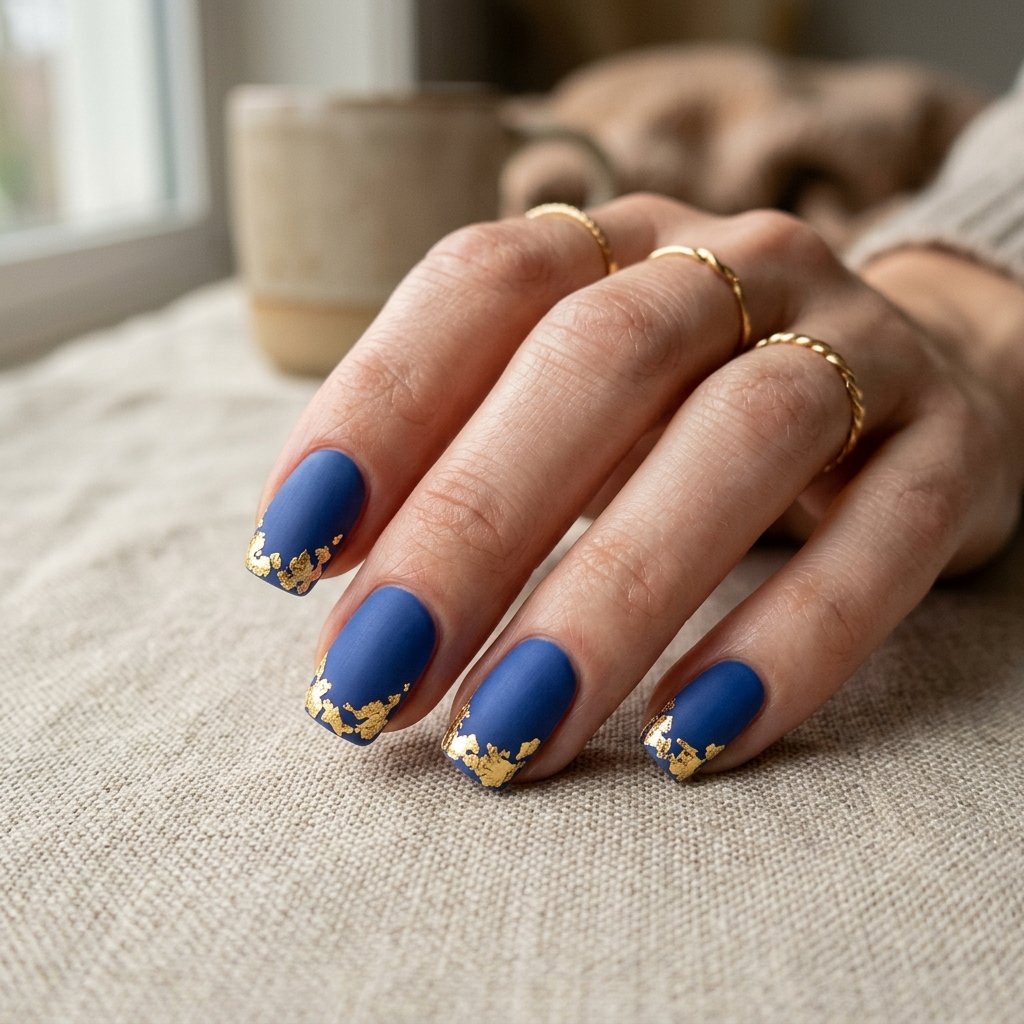 35 Stunning Light Blue Summer Nails Ideas for 2026 23 Matte Cornflower and Gold Leaf Nails