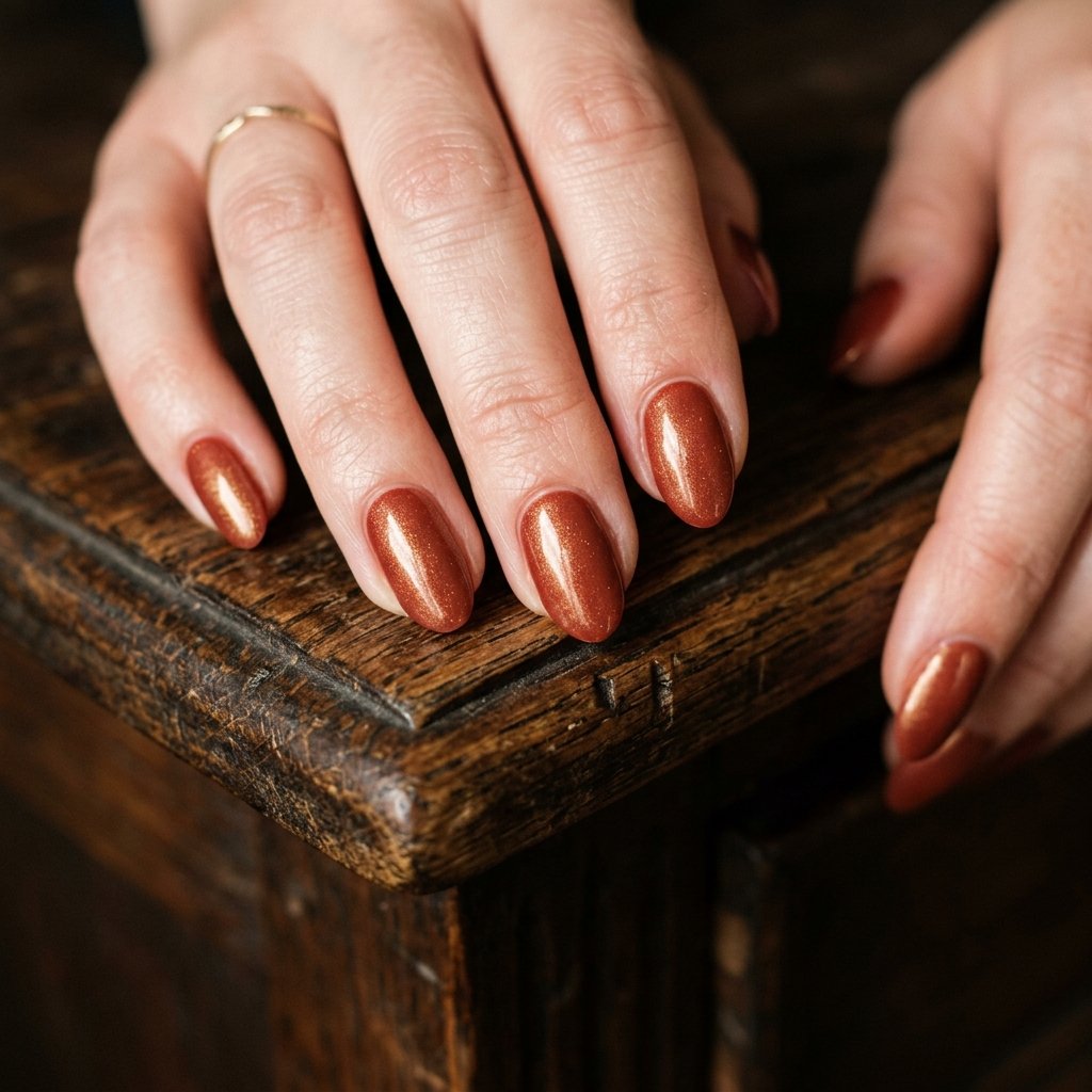 35 Stunning Red Sparkly Nails Ideas to Try for Pure Glamour 14 Brick Red with Antique Gold Shimmer