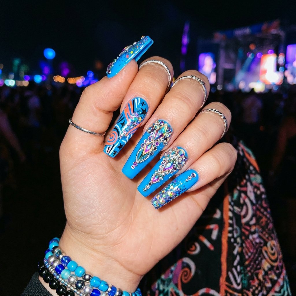 30 Gorgeous Neon Blue Nails Ideas You Will Actually Want to Wear 19 Neon Blue Festival Nails