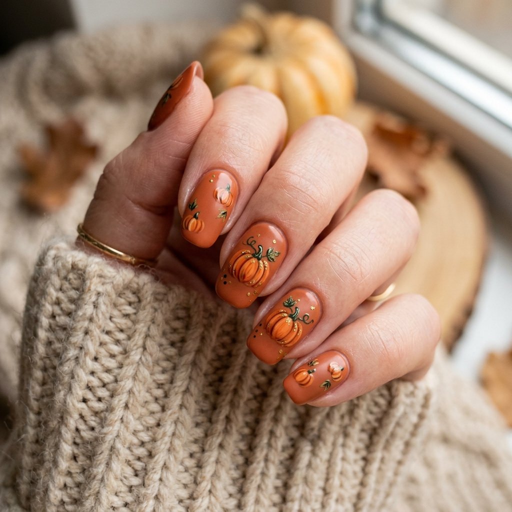 35 Best Thanksgiving Nails Ideas You Need to Try This Year 2026 4 Pumpkin Nail Art Ideas