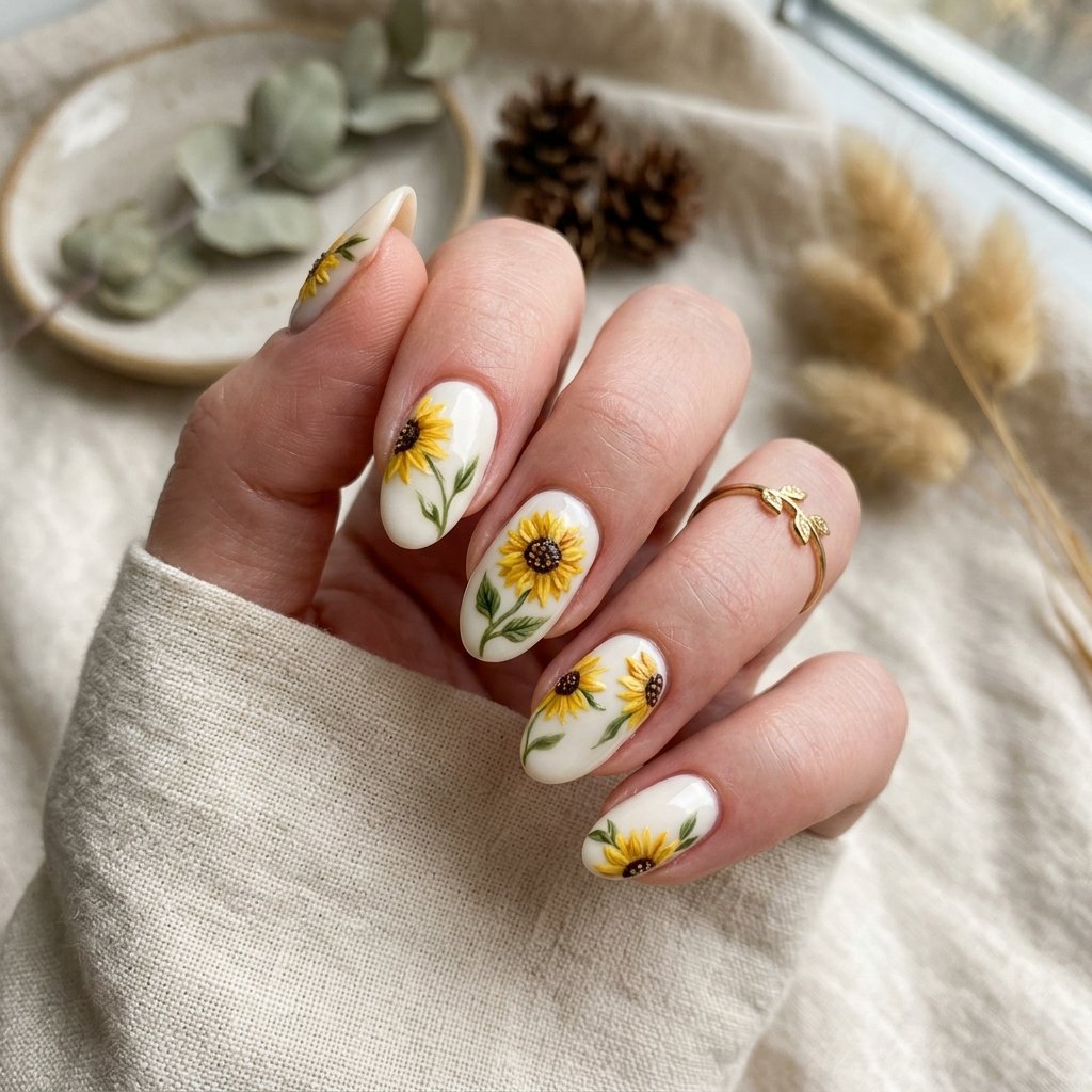 35 Best Thanksgiving Nails Ideas You Need to Try This Year 2026 19 Sunflower Thanksgiving Nail Ideas