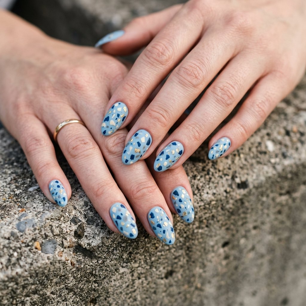 35 Stunning Light Blue Summer Nails Ideas for 2026 11 Abstract Blue Terrazzo Nails