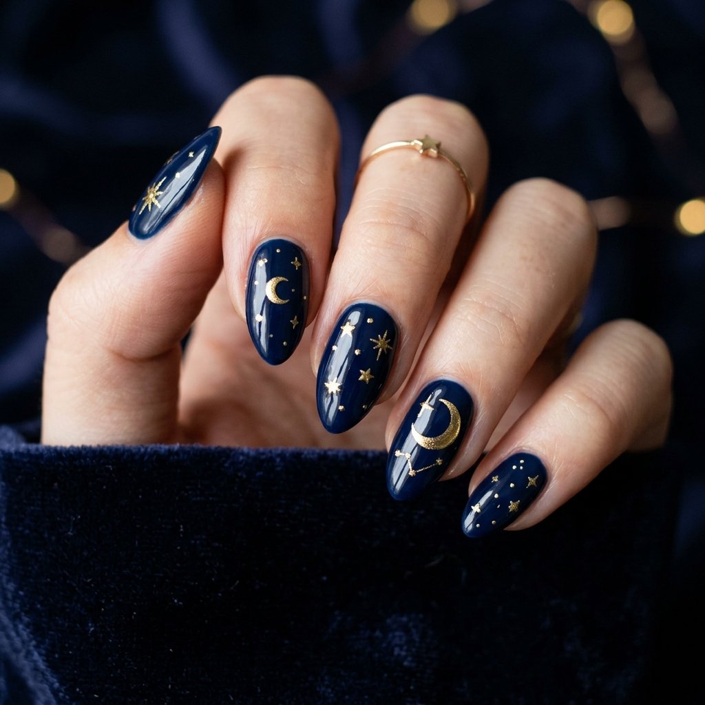 30 September Nails Ideas Perfect for Sweater Weather 12 Deep Navy Celestial Art