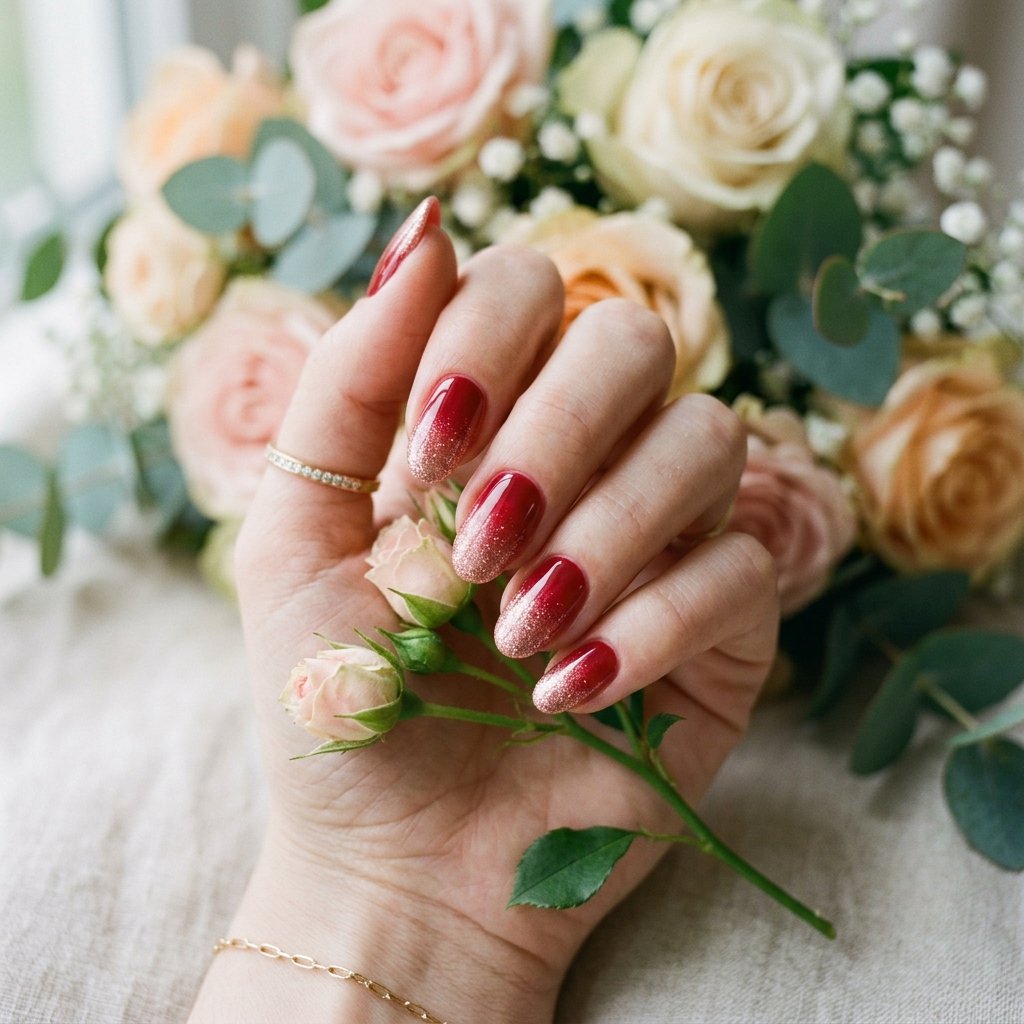 35 Stunning Red Sparkly Nails Ideas to Try for Pure Glamour 6 Rose Gold and Red Ombre Blend