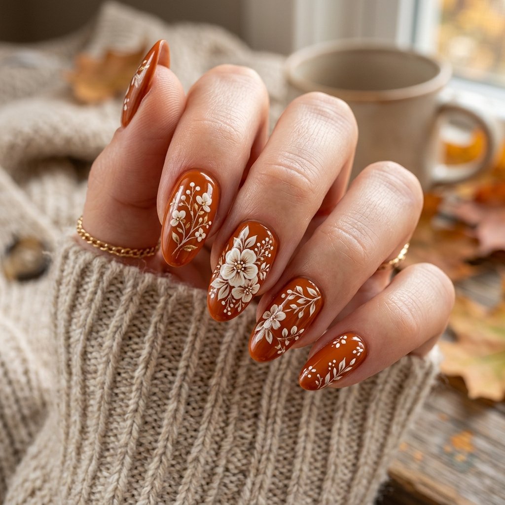 35 Modern Orange Fall Nails Ideas From Rust to Pumpkin 8 Orange Floral Nail Ideas
