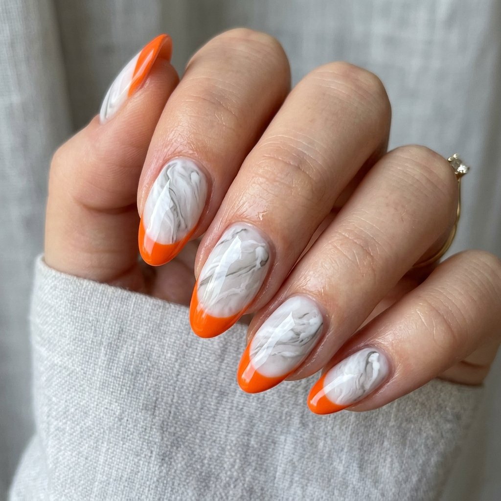 32 Awesome Orange French Tip Nails: The Only Inspo List You Need 33 Orange French Tip Nails With Marble Effect