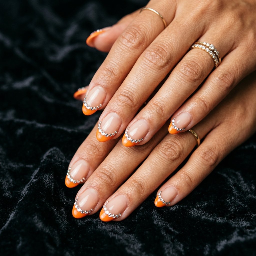 32 Awesome Orange French Tip Nails: The Only Inspo List You Need 29 Orange French Tip Nails With Rhinestones