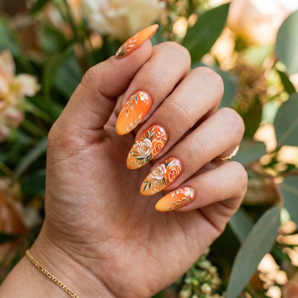 34 Best Orange Ombre Nails Ideas for Every Skin Tone & Season 2026 34 Orange Ombre Nail Art with Florals Ideas