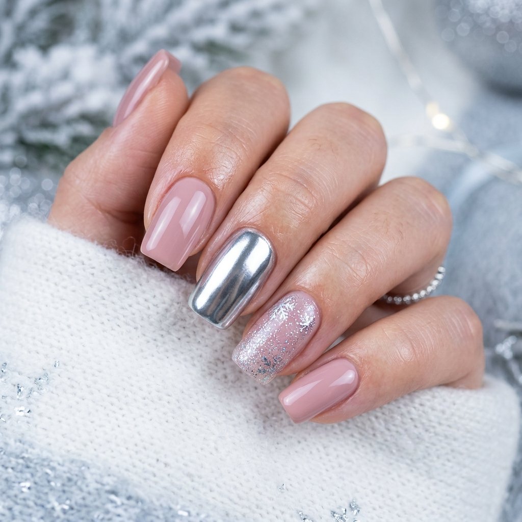 Nude and Silver Christmas Nail Ideas