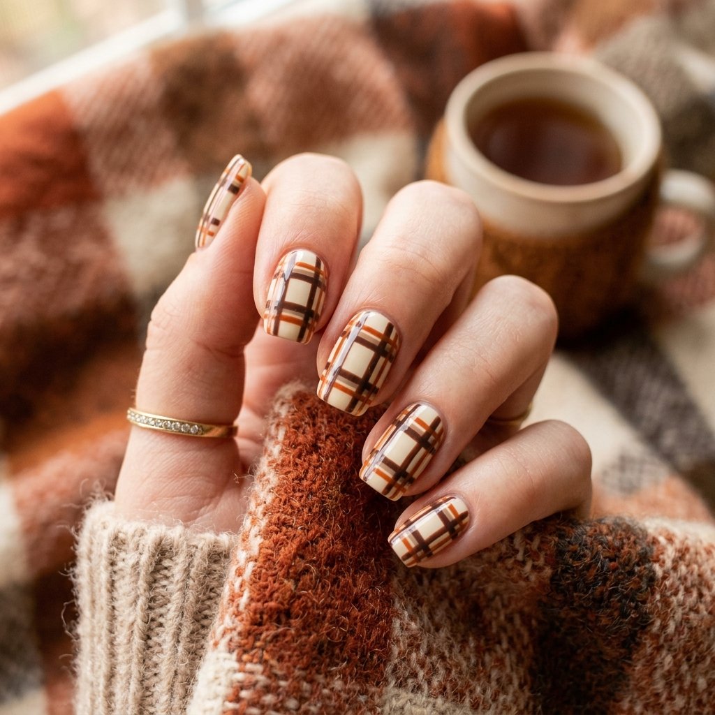 35 Best Thanksgiving Nails Ideas You Need to Try This Year 2026 20 Plaid Thanksgiving Nail Designs
