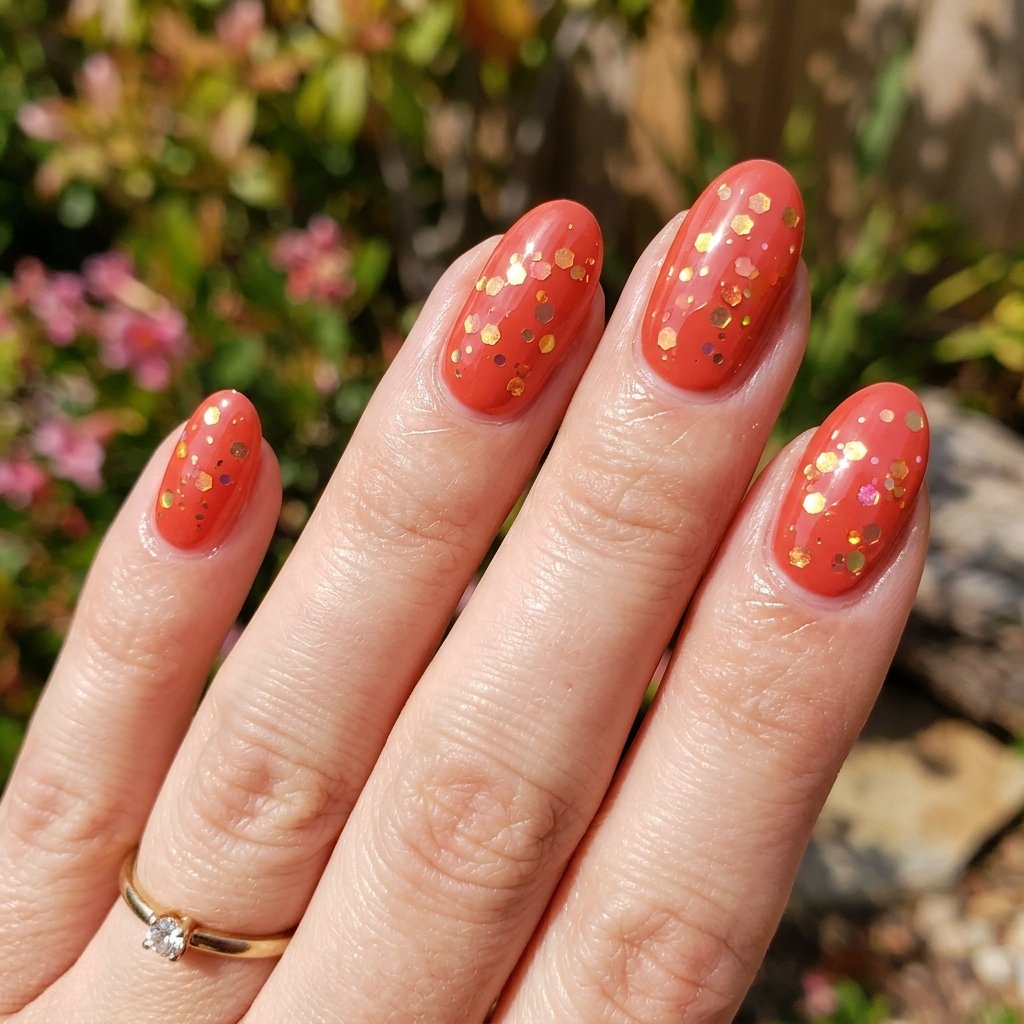 35 Stunning Red Sparkly Nails Ideas to Try for Pure Glamour 20 Bright Coral Red Floating Glitz