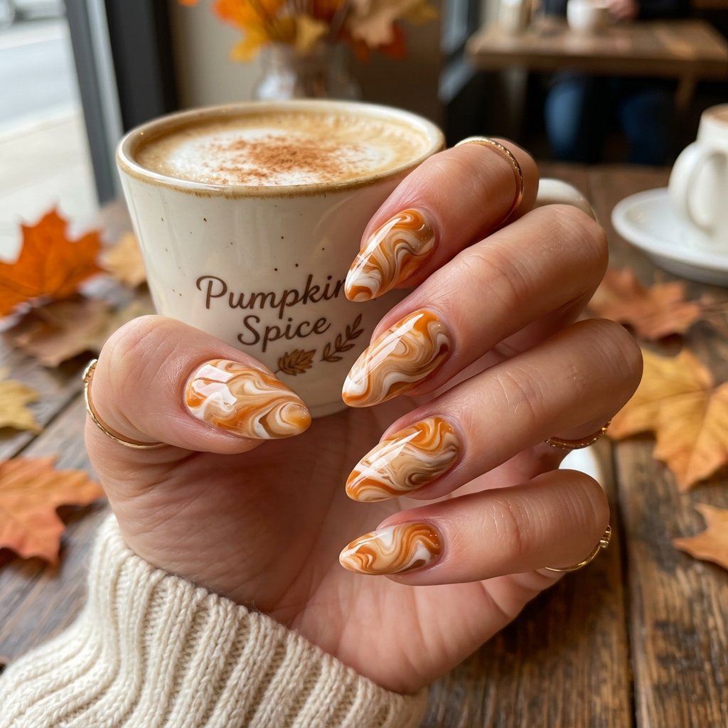 30 September Nails Ideas Perfect for Sweater Weather 24 Pumpkin Latte Swirl Details
