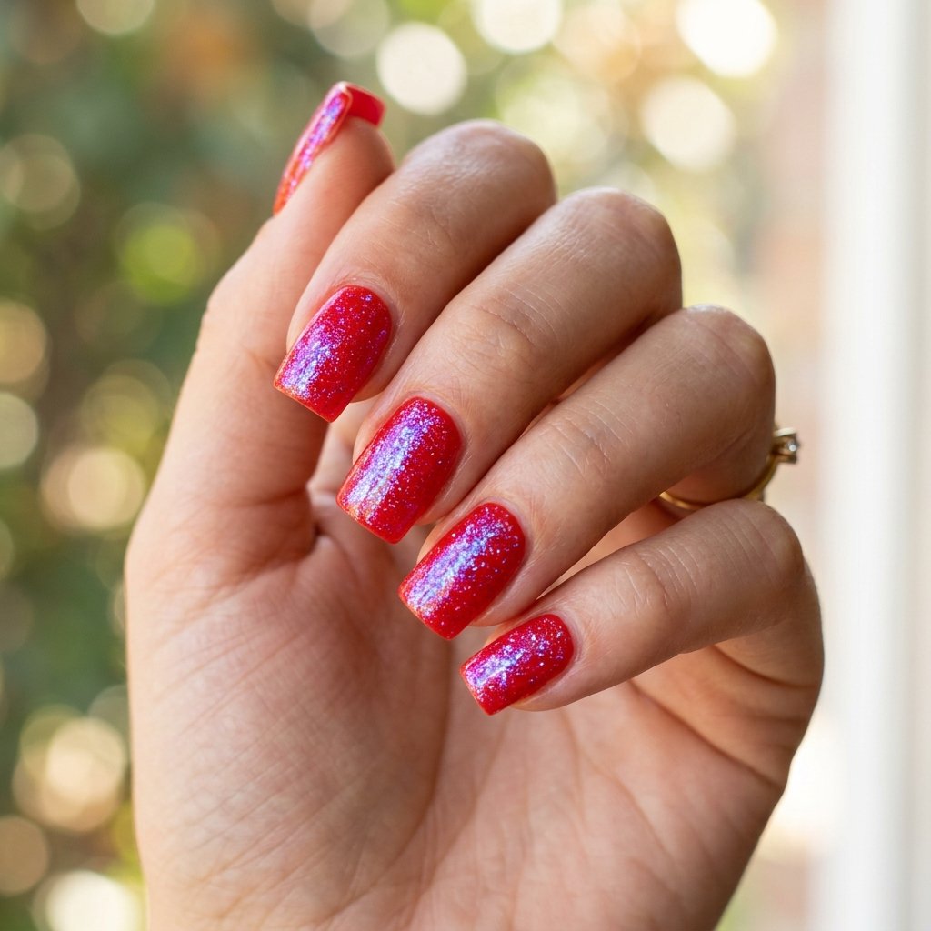 35 Stunning Red Sparkly Nails Ideas to Try for Pure Glamour 11 Fire Engine Red Iridescent Topper