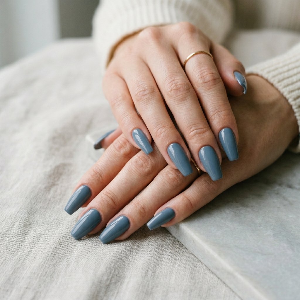 Slate Blue Minimalist Coffin Manicure