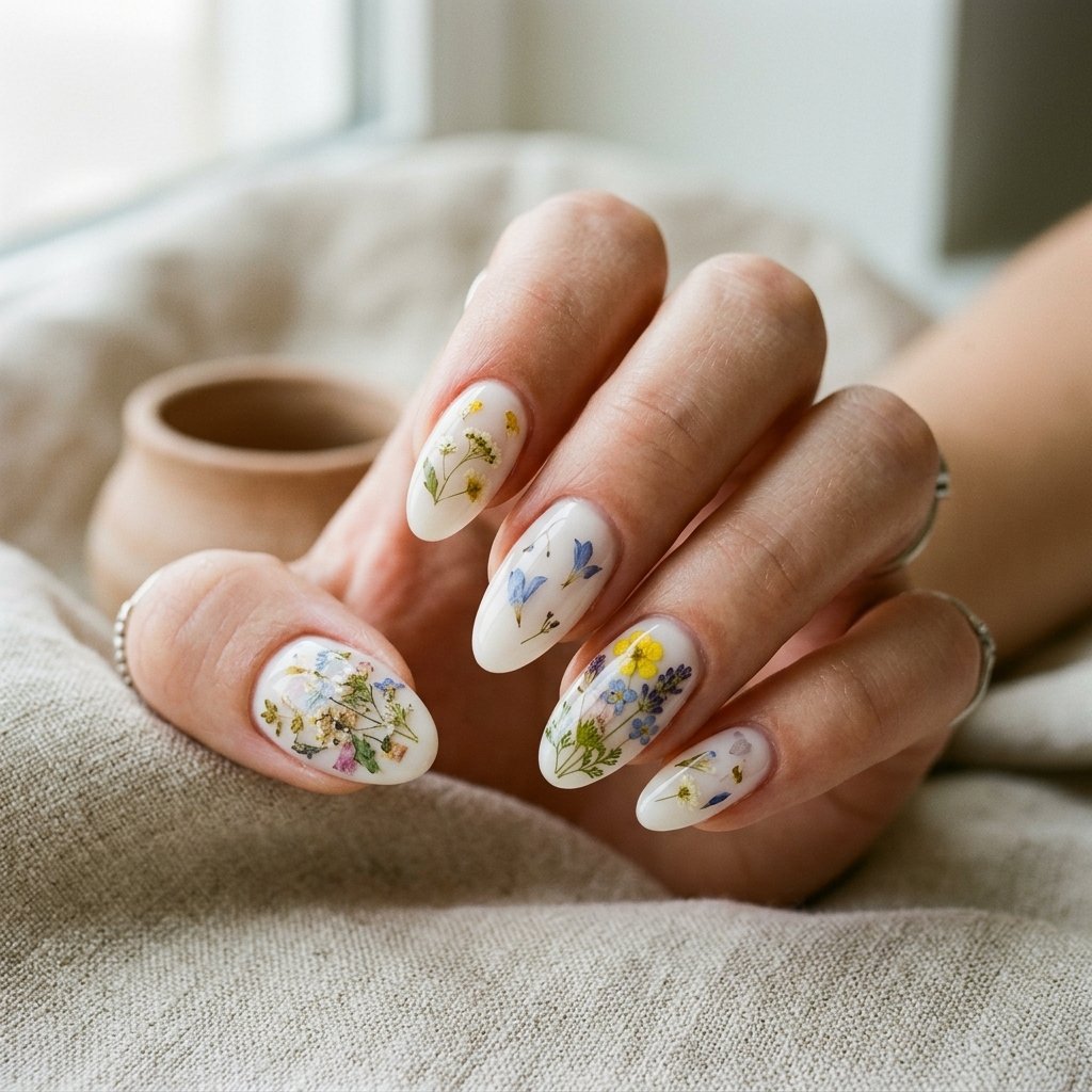 35 White Nails with Flowers: Simple to Stunning Ideas for 2026 23 Soft White Nails with Pressed Flowers