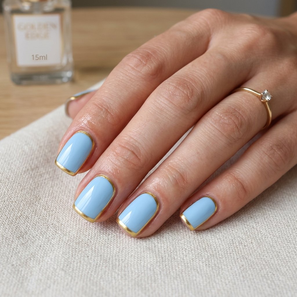 35 Stunning Light Blue Summer Nails Ideas for 2026 36 Golden Hour Bordered Blue Nails