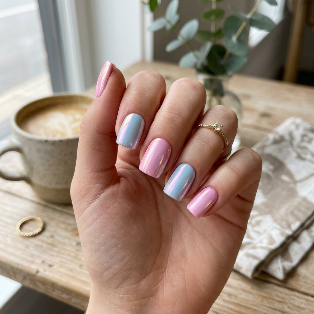 35 Stunning Light Blue Summer Nails Ideas for 2026 32 Chrome Bubblegum and Blue Nails