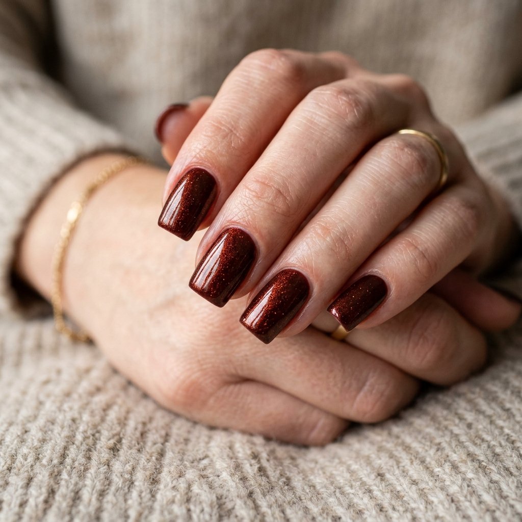 35 Stunning Red Sparkly Nails Ideas to Try for Pure Glamour 19 Mahogany Red with Copper Shimmer