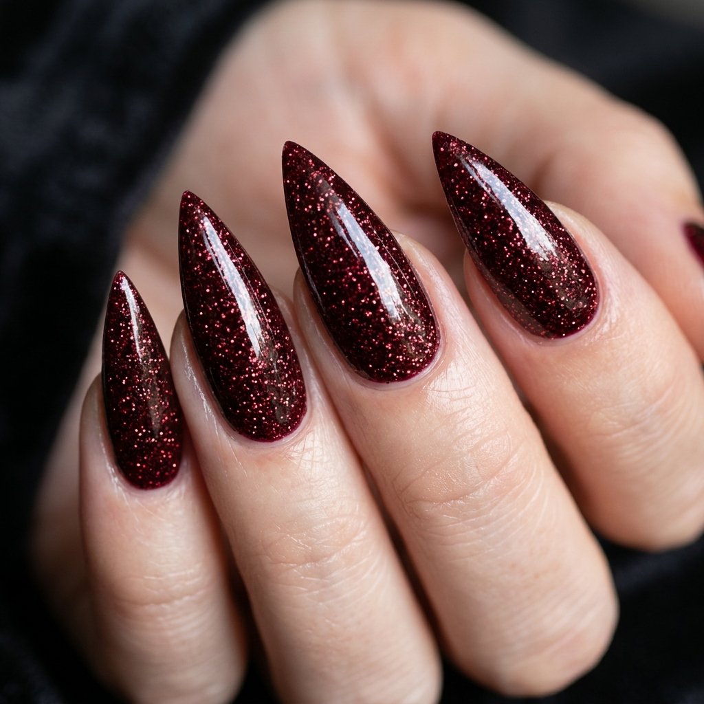 35 Stunning Red Sparkly Nails Ideas to Try for Pure Glamour 16 Dark Garnet Micro-Glitter Base