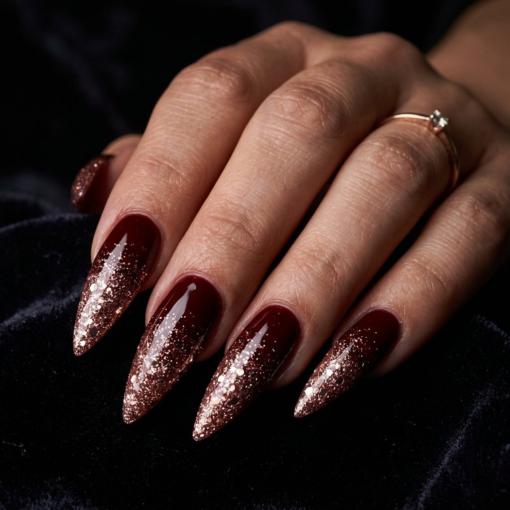 35 Stunning Red Sparkly Nails Ideas to Try for Pure Glamour 12 Oxblood Red with Rose Glitter Ombre