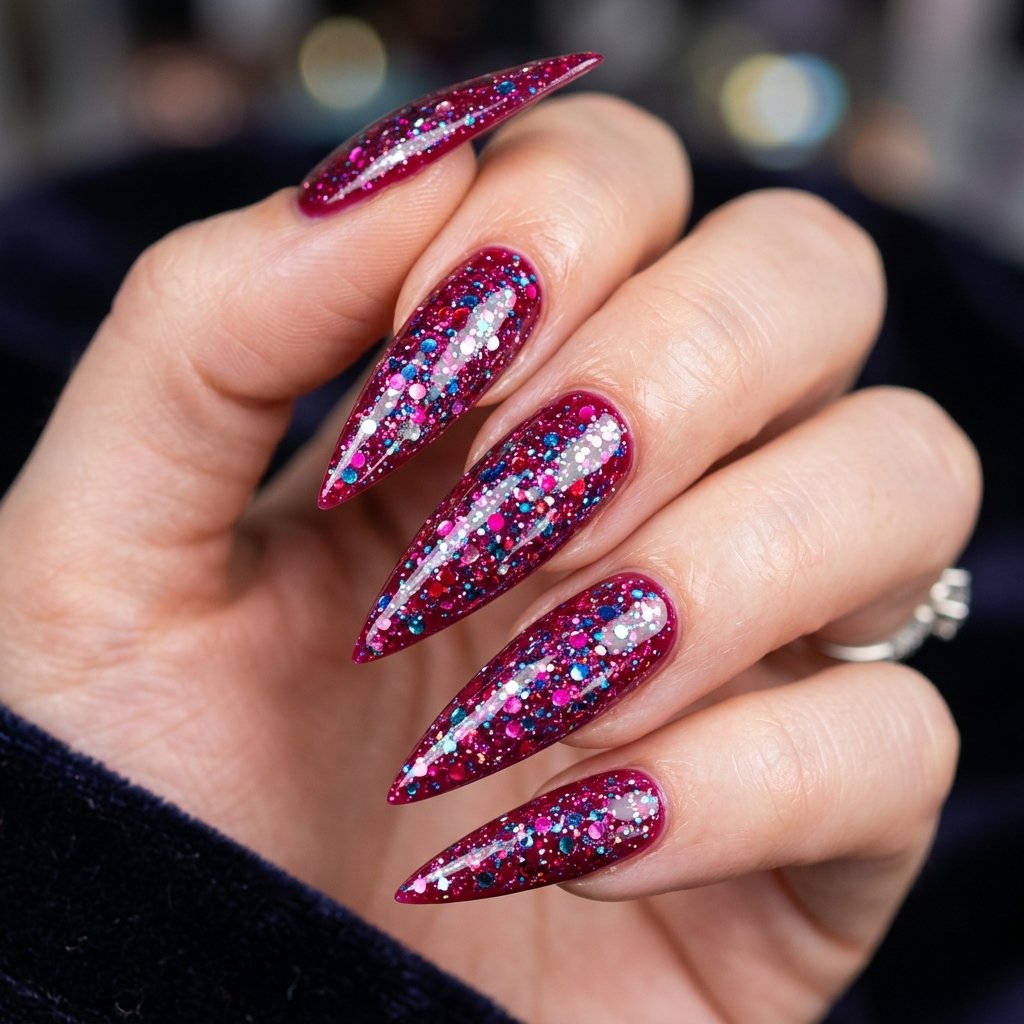 35 Stunning Red Sparkly Nails Ideas to Try for Pure Glamour 32 Berry Red Multi-Dimensional Glitter