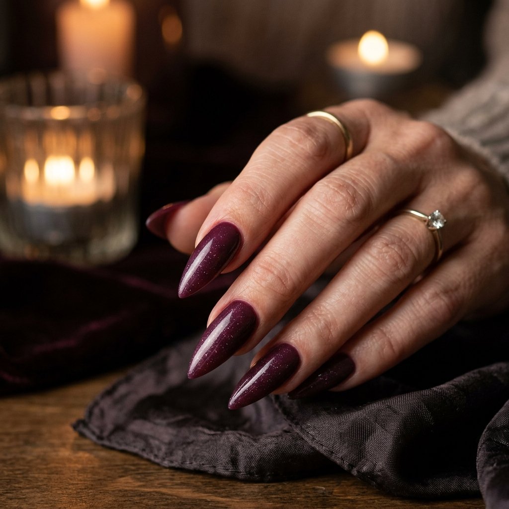 35 Stunning Red Sparkly Nails Ideas to Try for Pure Glamour 29 Deep Plum Red Subtle Shimmer Veil