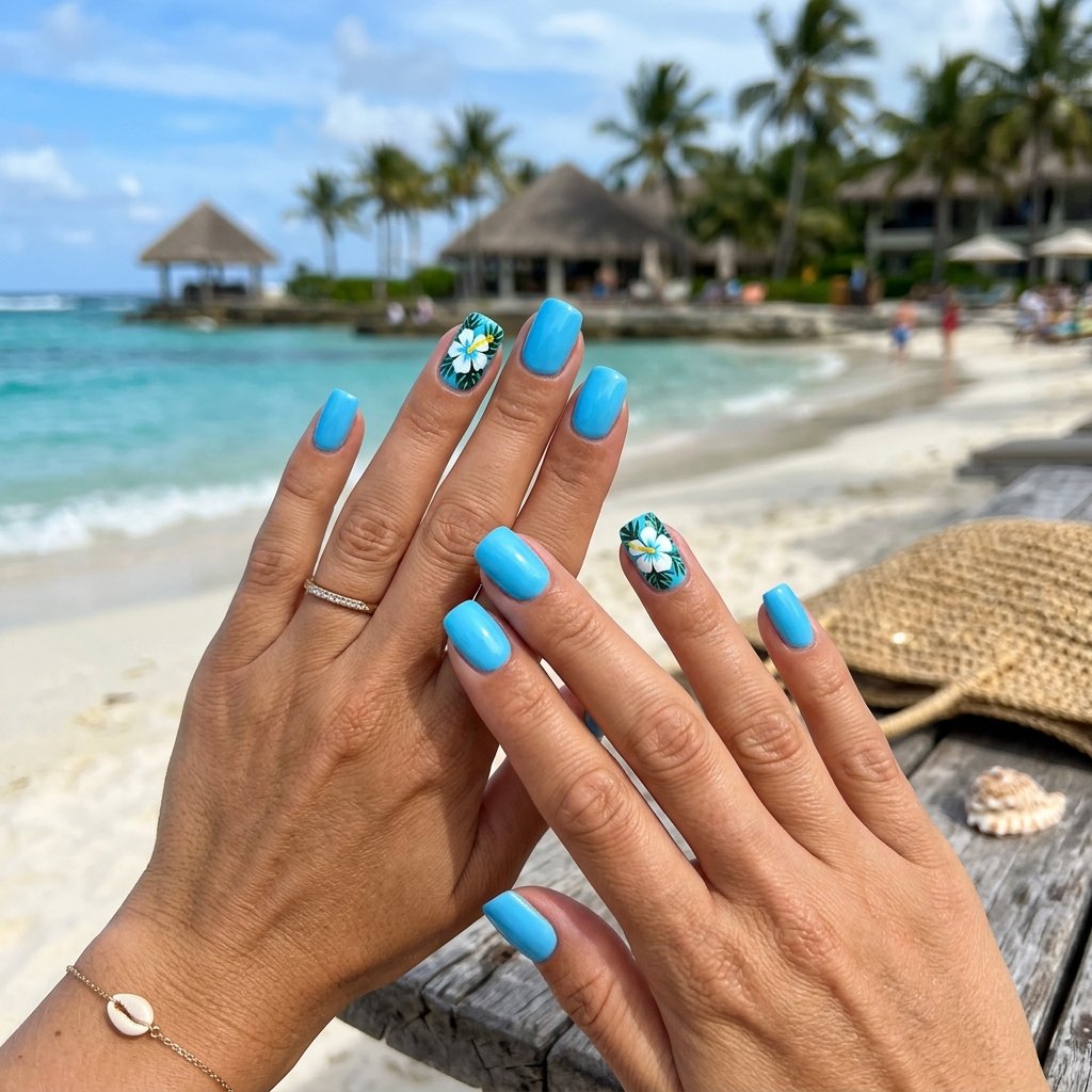 35 Stunning Light Blue Summer Nails Ideas for 2026 22 Tropical Hibiscus Blue Nails