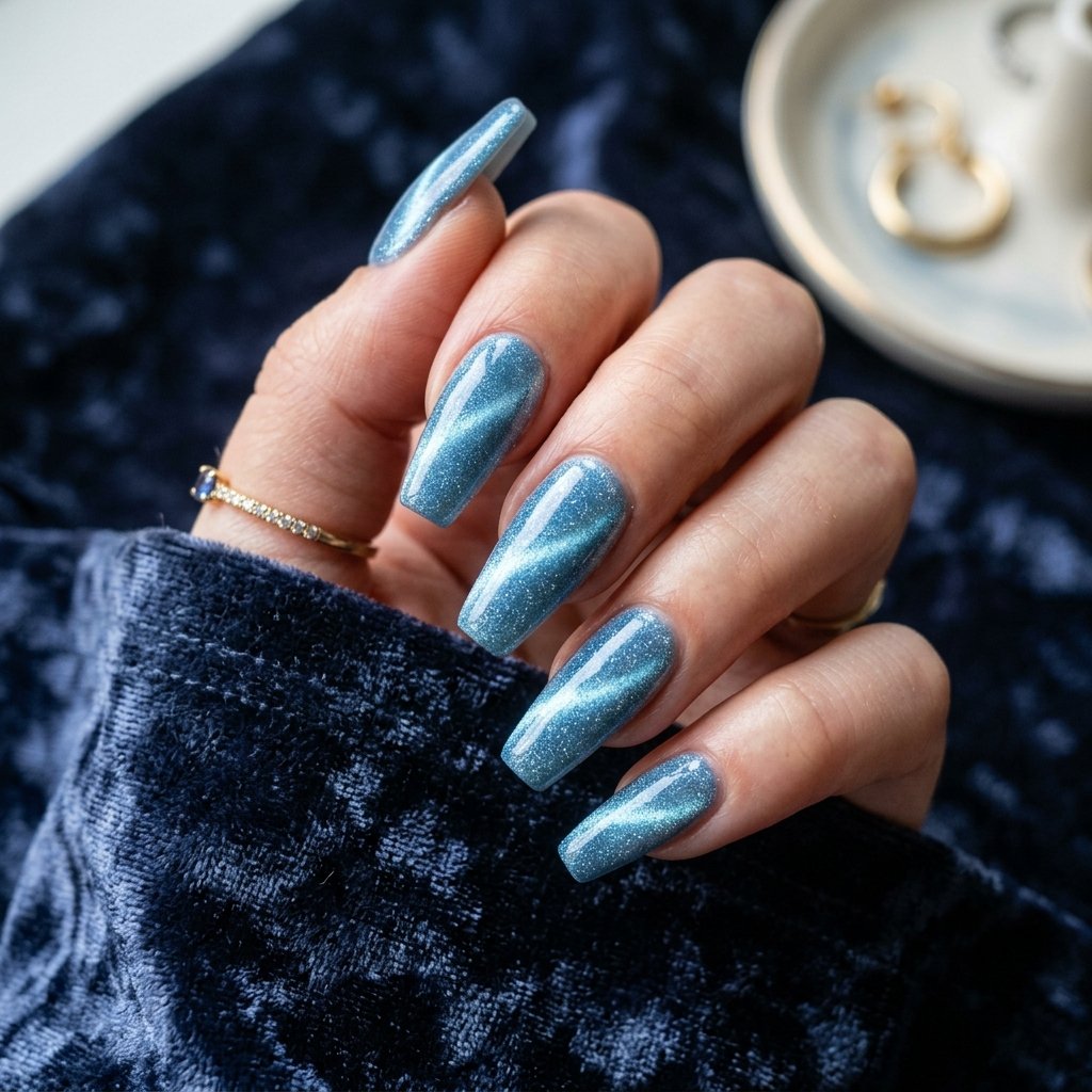 35 Stunning Light Blue Summer Nails Ideas for 2026 34 Velvet Cat Eye Light Blue Nails