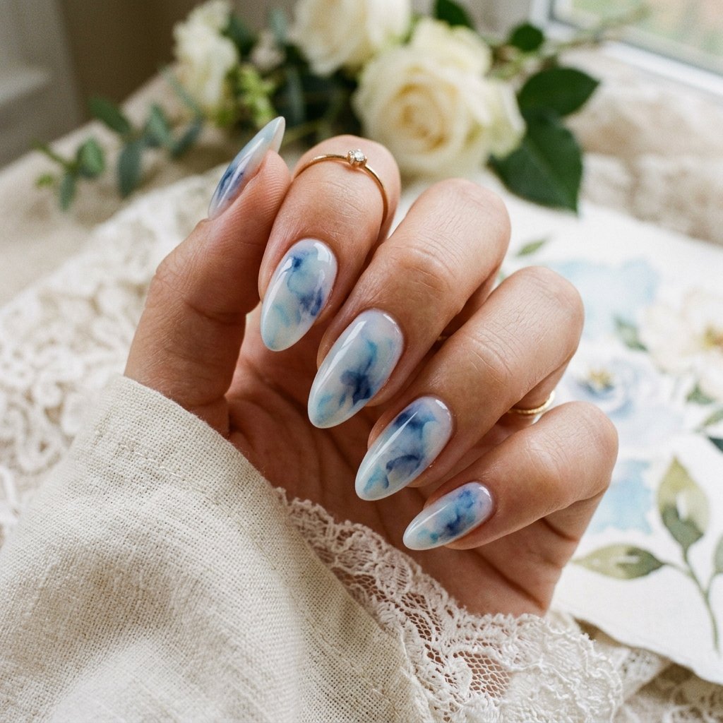 35 Stunning Light Blue Summer Nails Ideas for 2026 31 Watercolor Splash Azure Nails