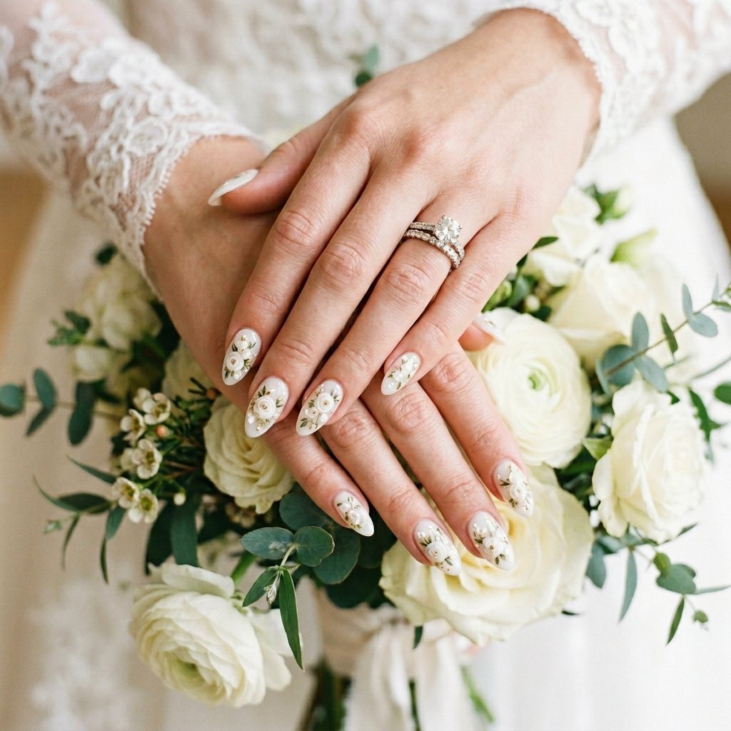35 White Nails with Flowers: Simple to Stunning Ideas for 2026 29 Wedding White Nails with Flowers