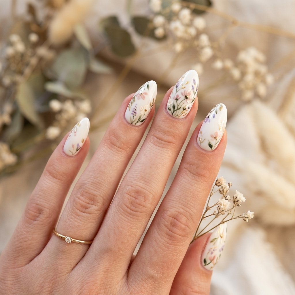 35 White Nails with Flowers: Simple to Stunning Ideas for 2026 31 White Almond Nails with Flowers