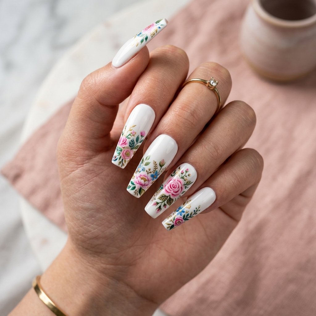 35 White Nails with Flowers: Simple to Stunning Ideas for 2026 30 White Coffin Nails with Floral Design