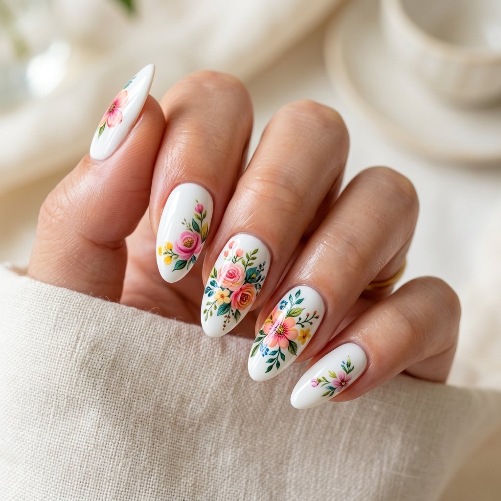 35 White Nails with Flowers: Simple to Stunning Ideas for 2026 9 White Gel Nails with Floral Art