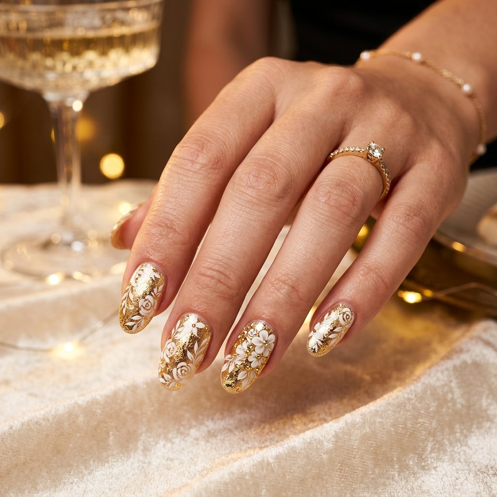 35 White Nails with Flowers: Simple to Stunning Ideas for 2026 20 White and Gold Floral Nail Ideas
