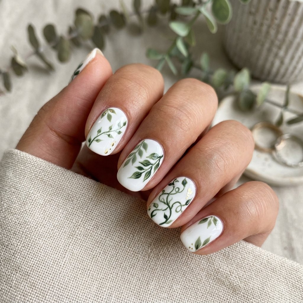 35 White Nails with Flowers: Simple to Stunning Ideas for 2026 34 White and Green Botanical Nail Ideas