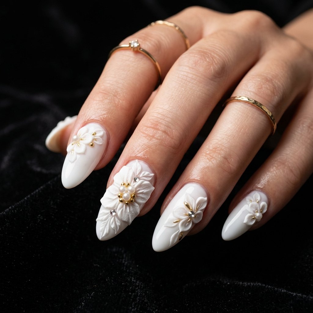 35 White Nails with Flowers: Simple to Stunning Ideas for 2026 17 White Nails with 3D Flower Design