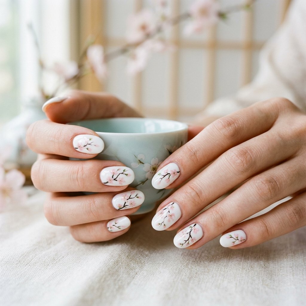 35 White Nails with Flowers: Simple to Stunning Ideas for 2026 21 White Nails with Cherry Blossom Design