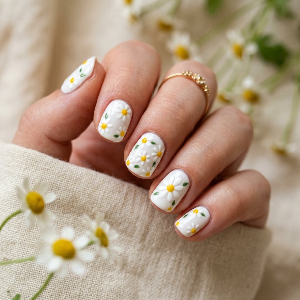 35 White Nails with Flowers: Simple to Stunning Ideas for 2026 6 White Nails with Daisy Design