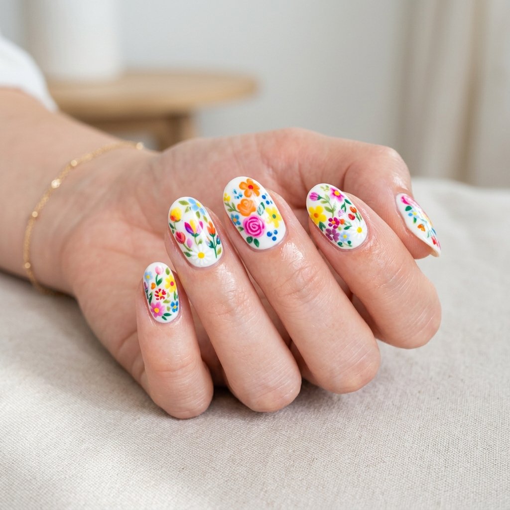 35 White Nails with Flowers: Simple to Stunning Ideas for 2026 33 White Nails with Colorful Flowers