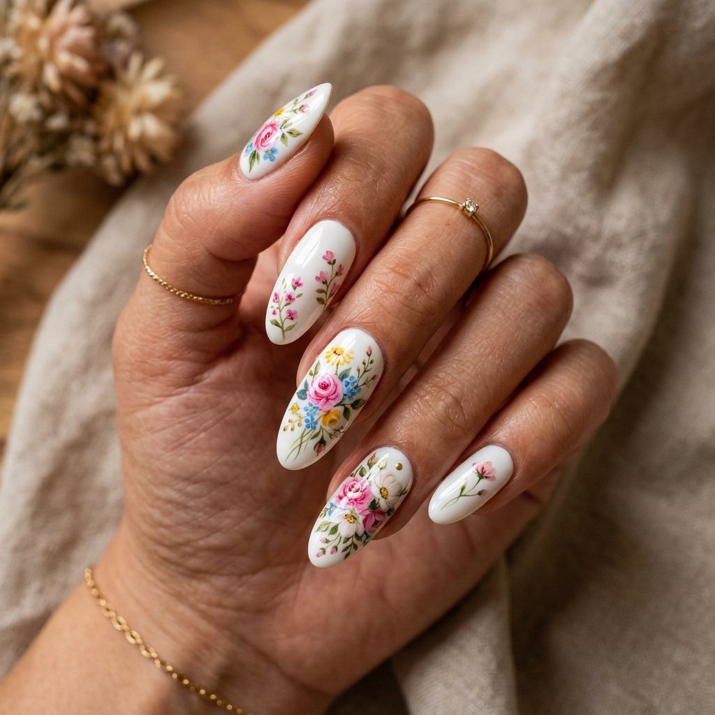 35 White Nails with Flowers: Simple to Stunning Ideas for 2026 35 White Nails with Hand Painted Flowers