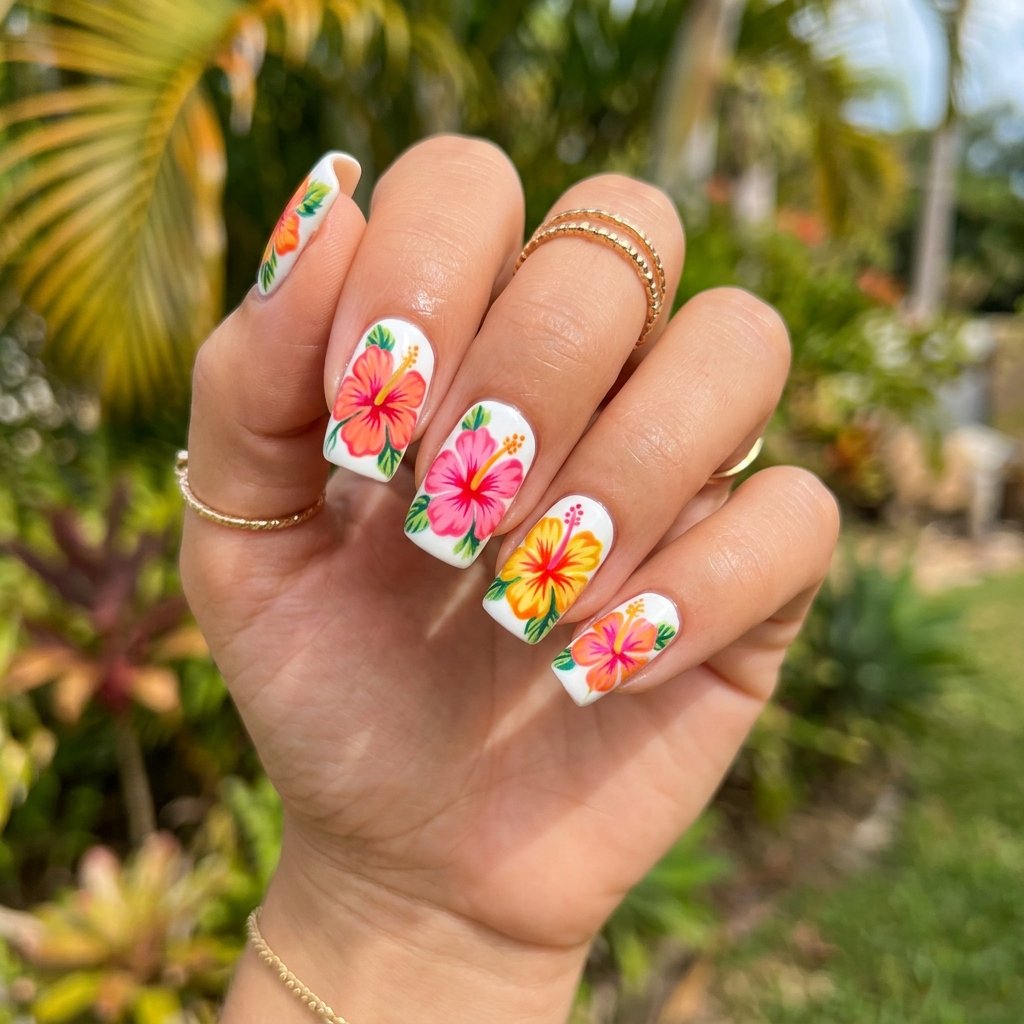 35 White Nails with Flowers: Simple to Stunning Ideas for 2026 25 White Nails with Hibiscus Flowers