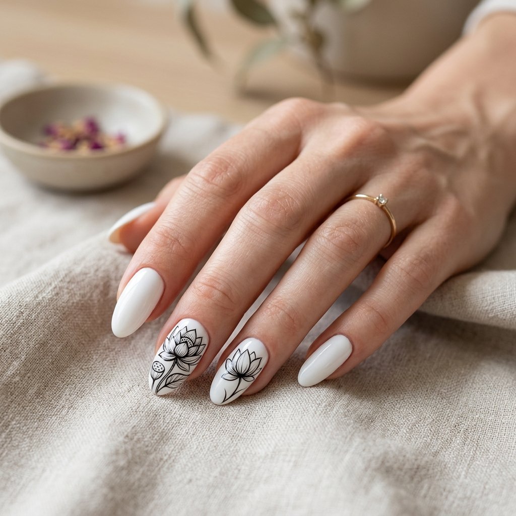 35 White Nails with Flowers: Simple to Stunning Ideas for 2026 26 White Nails with Lotus Flower Art