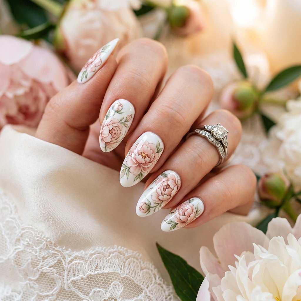 35 White Nails with Flowers: Simple to Stunning Ideas for 2026 24 White Nails with Peony Design