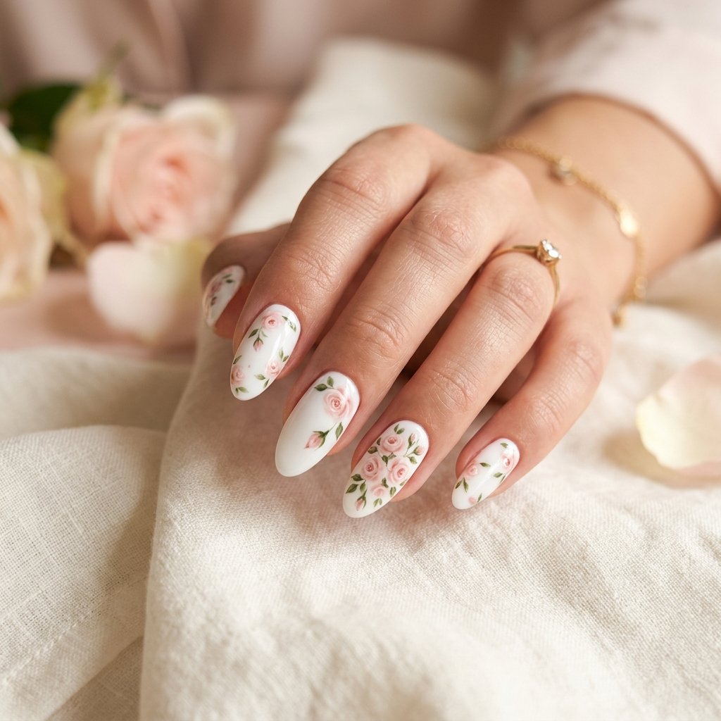 35 White Nails with Flowers: Simple to Stunning Ideas for 2026 10 White Nails with Rose Design