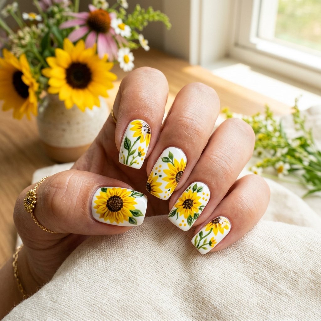 35 White Nails with Flowers: Simple to Stunning Ideas for 2026 19 White Nails with Sunflower Art
