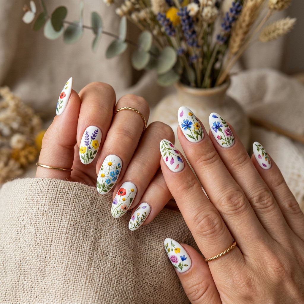 35 White Nails with Flowers: Simple to Stunning Ideas for 2026 22 White Nails with Wildflower Art