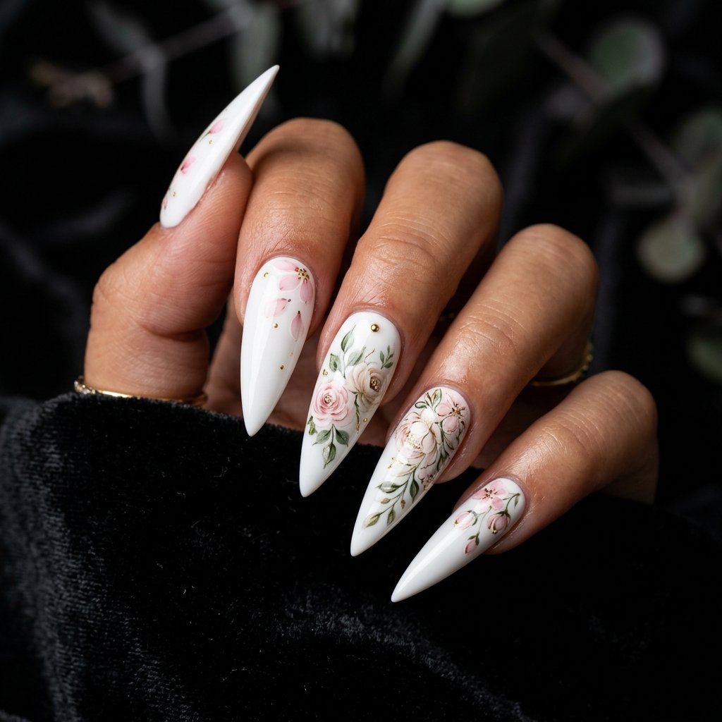 35 White Nails with Flowers: Simple to Stunning Ideas for 2026 32 White Stiletto Nails with Flower Art