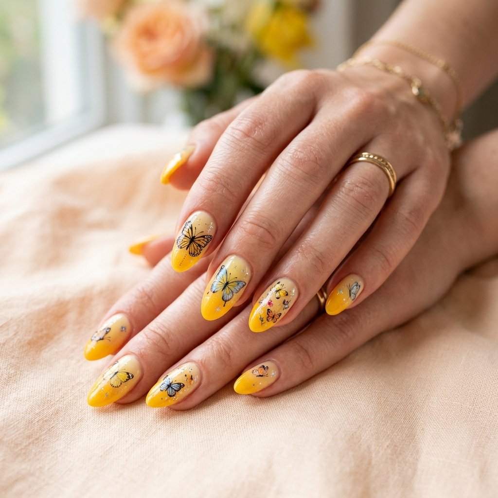 Yellow Ombre Nails with Butterflies