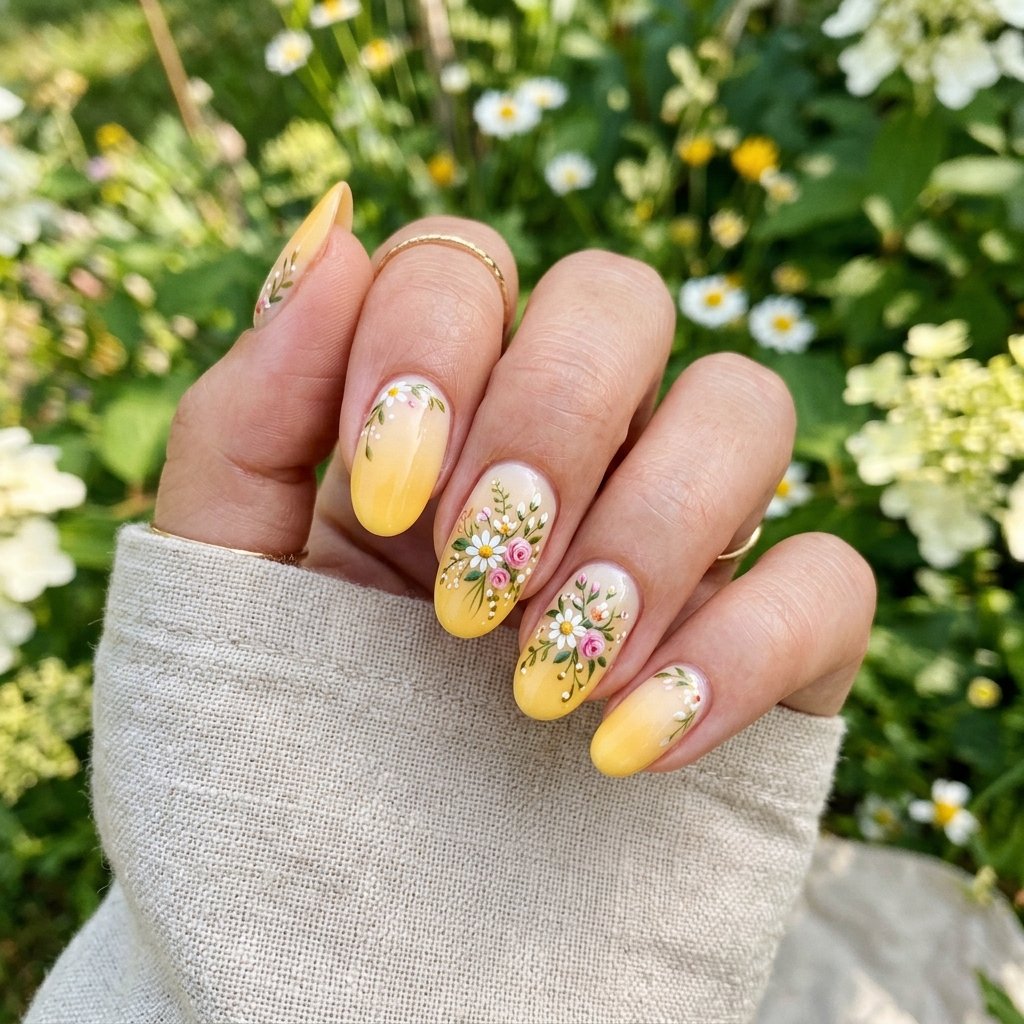 Yellow Ombre Nails with Flowers