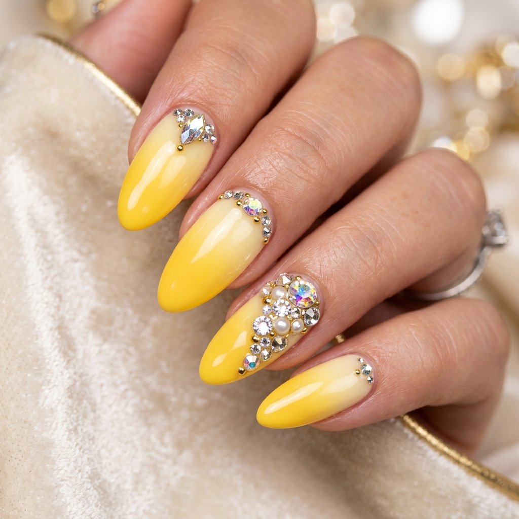 Yellow Ombre Nails with Rhinestones